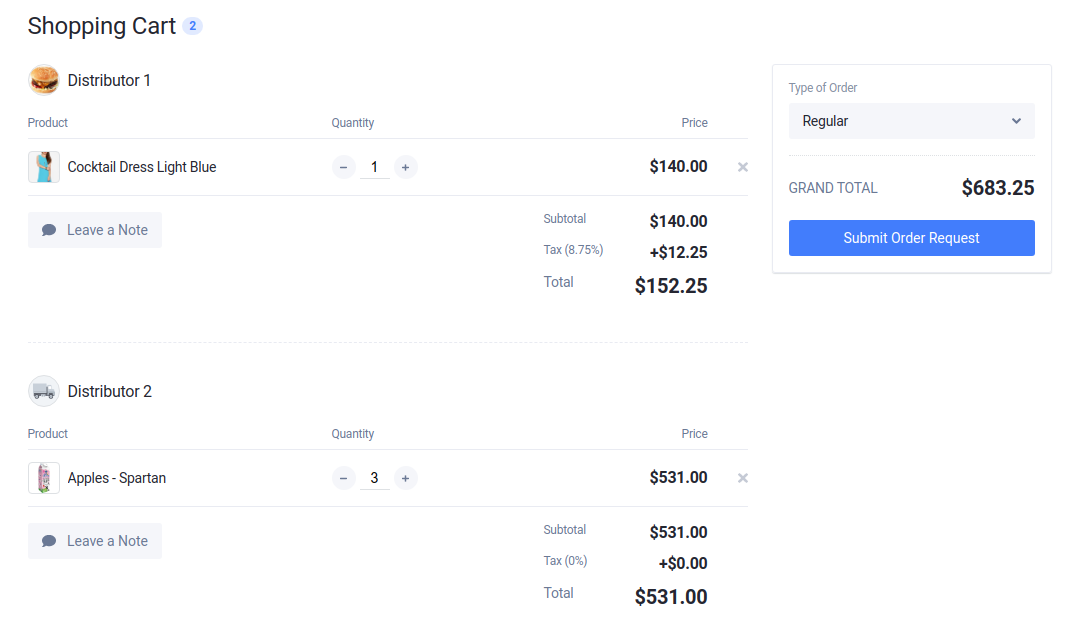 Showing a cart with two suppliers