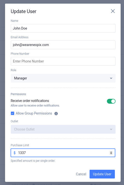 Purchasing limit dialog